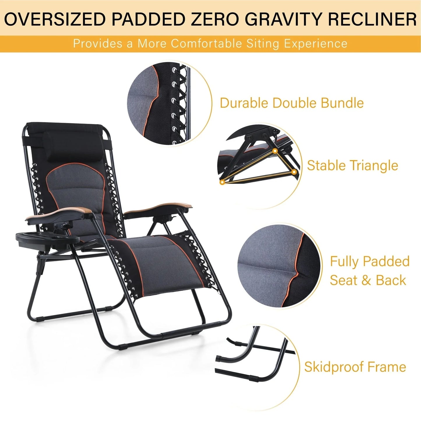 Sedia a sdraio oversize XL imbottita con gravità zero, bracciolo più largo, reclinabile regolabile con portabicchieri - N/D