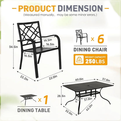 Set da pranzo SUNCROWN per esterni da 5/7 pezzi in acciaio, tavolo con doghe in metallo e sedie impilabili con telaio verniciato a polvere