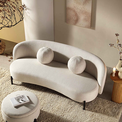 Divano curvo a 3 posti con cuscini a sfera, misto lino beige