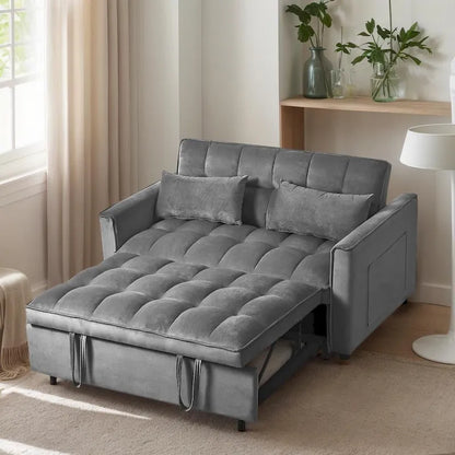 Divanetto Futon Moderno in Velluto con Schienale Reclinabile e Tasche, 2 Posti - Grigio Scuro / Grigio Chiaro / Blu / Nero