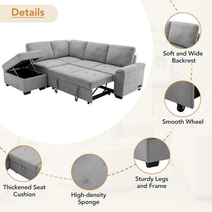 Canapé d'angle convertible 5 places en L 84,75 po avec pouf de rangement, rangement de bras dissimulé et chargement USB pour salon