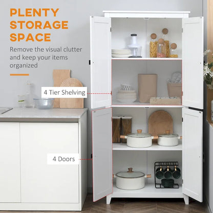 HOMCOM Mobile Dispensa da Cucina Autoportante a 4 Ante, Armadietto Contenitore con 4 Ripiani Regolabili, Bianco