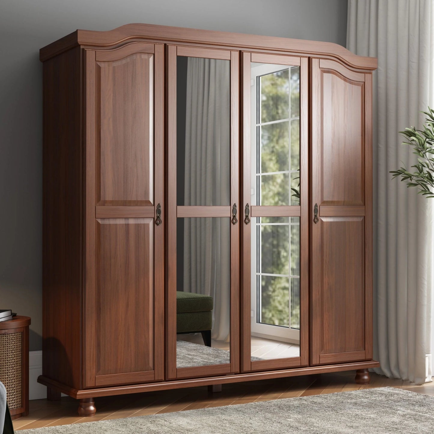 Palace Imports Armadio Kyle a 4 Ante in 100% Legno Massello con Ante in Legno Massello o a Specchio