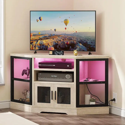 Mobile TV ad angolo in stile rustico con presa di corrente, per TV fino a 55 pollici