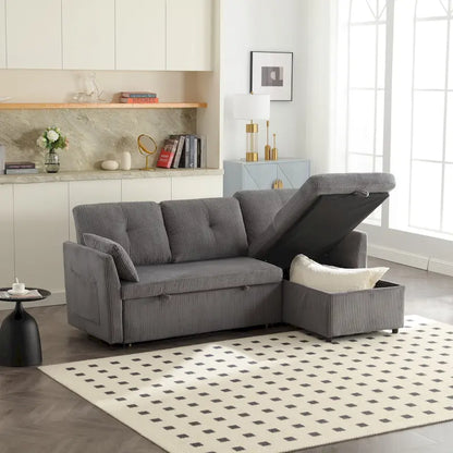 Canapé d'angle réversible en velours côtelé/chenille avec chaise longue de rangement et poche latérale