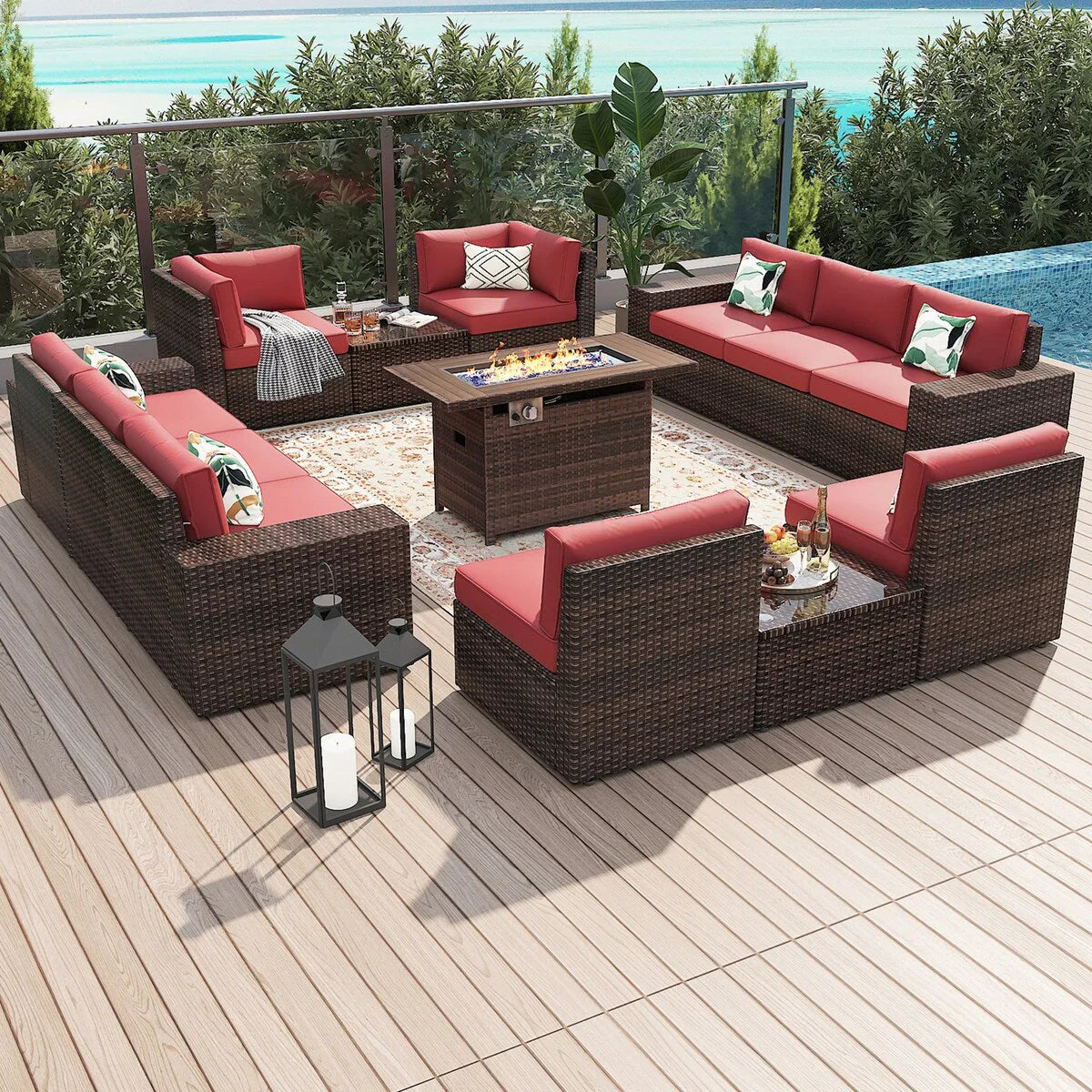 Set di mobili da giardino da 13 pezzi con tavolo braciere da 44 pollici