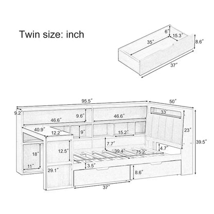 Divano Letto a "L" in Legno con Scrivania, Mobile Libreria, Letto Angolare con Cassetti Sottostanti, Testiera Imbottita con Luce Integrata