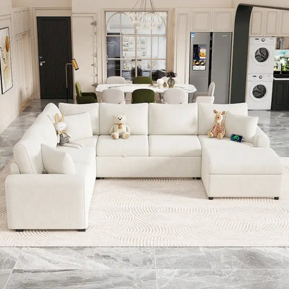 Divano sezionale in ciniglia con letto estraibile, divano letto a L con pouf contenitore, 3 cuscini e dispositivi di ricarica