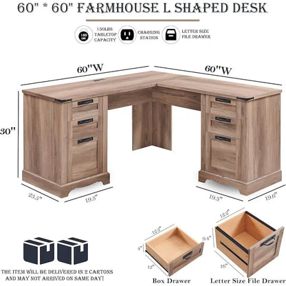 60 Scrivania Direzionale a L da Fattoria, Scrivania ad Angolo in Legno, Scrivania per Computer