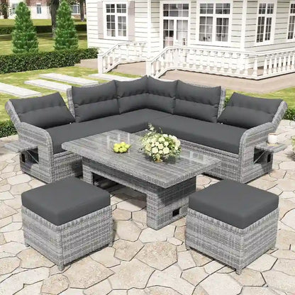 Set da esterni in rattan con tavolo regolabile, poltrone reclinabili e 2 pouf