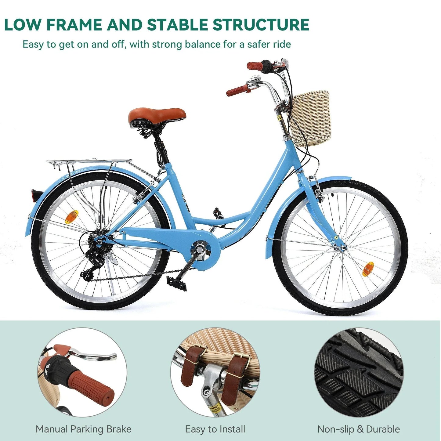 Moasis24/26 Bicicletta Cruiser a 7 velocità Regolabile con Telaio Ribassato, per Pendolari