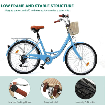 Moasis24/26 Bicicletta Cruiser a 7 velocità Regolabile con Telaio Ribassato, per Pendolari