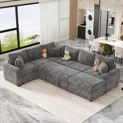 Divano sezionale in ciniglia con letto estraibile, divano letto a L con pouf contenitore, 3 cuscini e dispositivi di ricarica