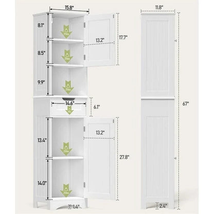 Mobile bagno alto 67 H, Armadietto portabiancheria stretto, Mobiletto contenitore con 2 ante e cassetto