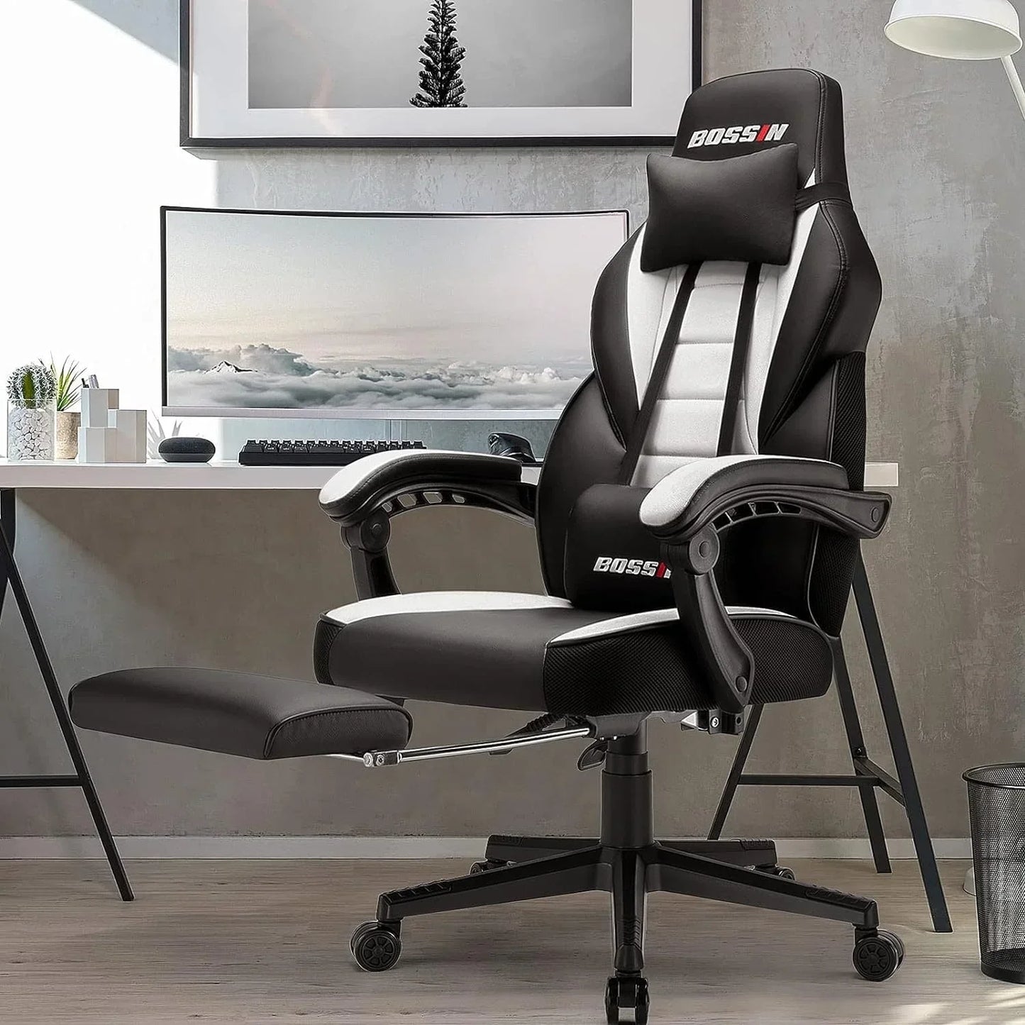 Sedia da gaming BOSSIN Racing Style, sedia da gamer per persone robuste fino a 136 kg, sedia da computer con schienale alto
