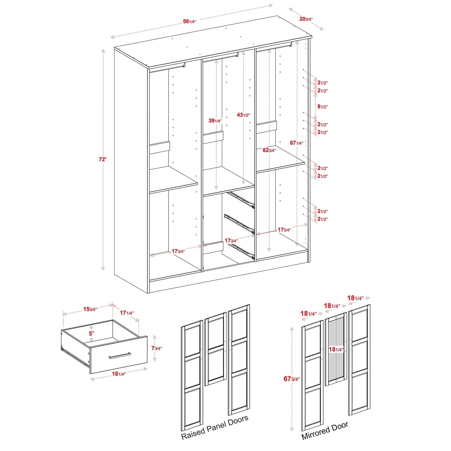 Palace Imports Armadio a 3 ante Cosmo 100% legno massello con ante in legno massello o a specchio