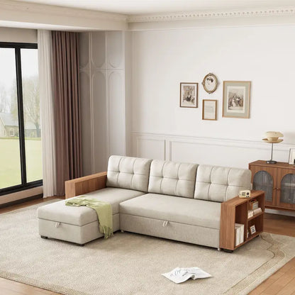 Divano Sezionale Convertibile con Letto Estraibile e Chaise Longue Contenitore Nascosto