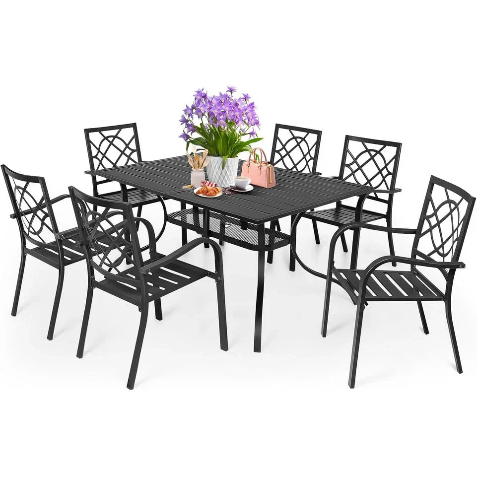 Set da pranzo SUNCROWN per esterni da 5/7 pezzi in acciaio, tavolo con doghe in metallo e sedie impilabili con telaio verniciato a polvere