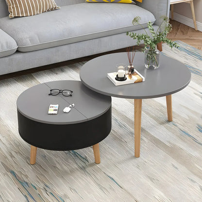 Tavolino da caffè rotondo moderno in legno bianco e nero con contenitore