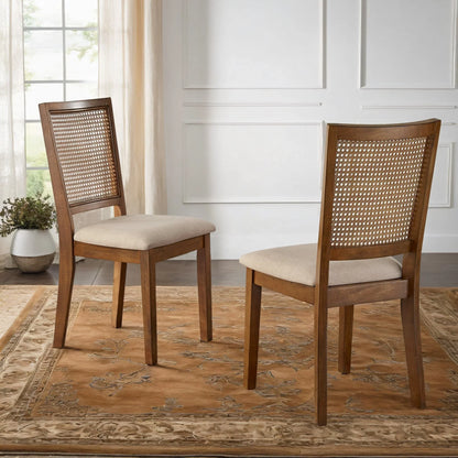 Sedie da pranzo Ronda in lino beige con schienale in rattan (set da 2)