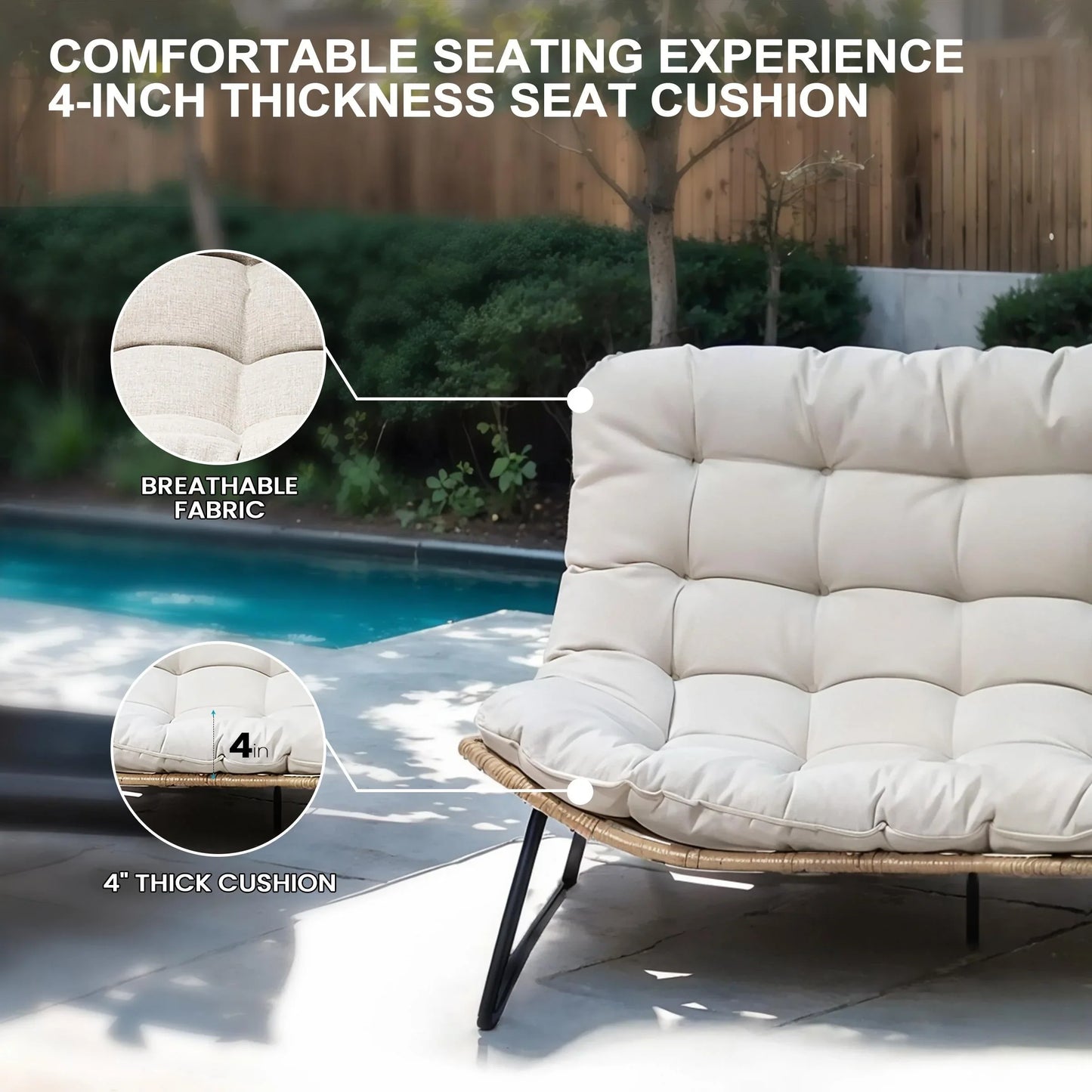 Divanetto due posti Double Papasan con cuscino, in rattan PE per tutte le stagioni e struttura in metallo per interni ed esterni