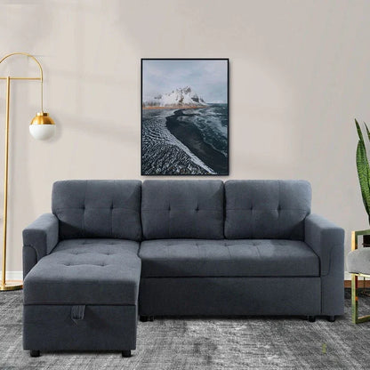 Divano componibile convertibile reversibile con letto estraibile, chaise longue con contenitore nascosto e gambe durevoli