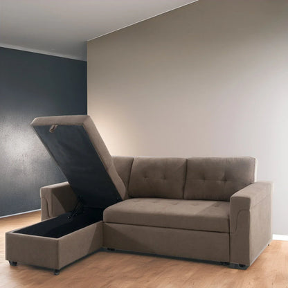 Divano componibile convertibile reversibile con letto estraibile, chaise longue con contenitore nascosto e gambe durevoli