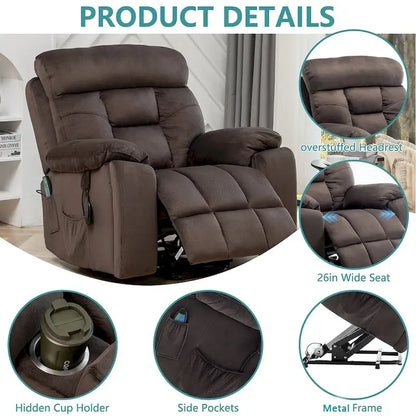 Grand fauteuil inclinable de massage électrique avec fonction de levage, chauffage et porte-gobelet dissimulé