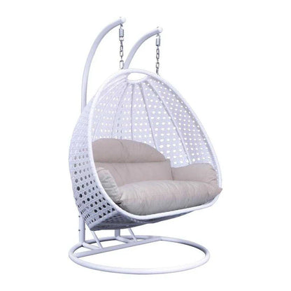 Sedia sospesa a dondolo a forma di uovo con supporto in metallo, telaio in vimini e cuscino – Beige / Blu antracite / Bianco / Blu / Bianco antico / Marrone / Tela, 2 posti