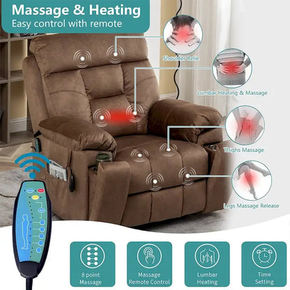 Grand fauteuil inclinable de massage électrique avec fonction de levage, chauffage et porte-gobelet dissimulé