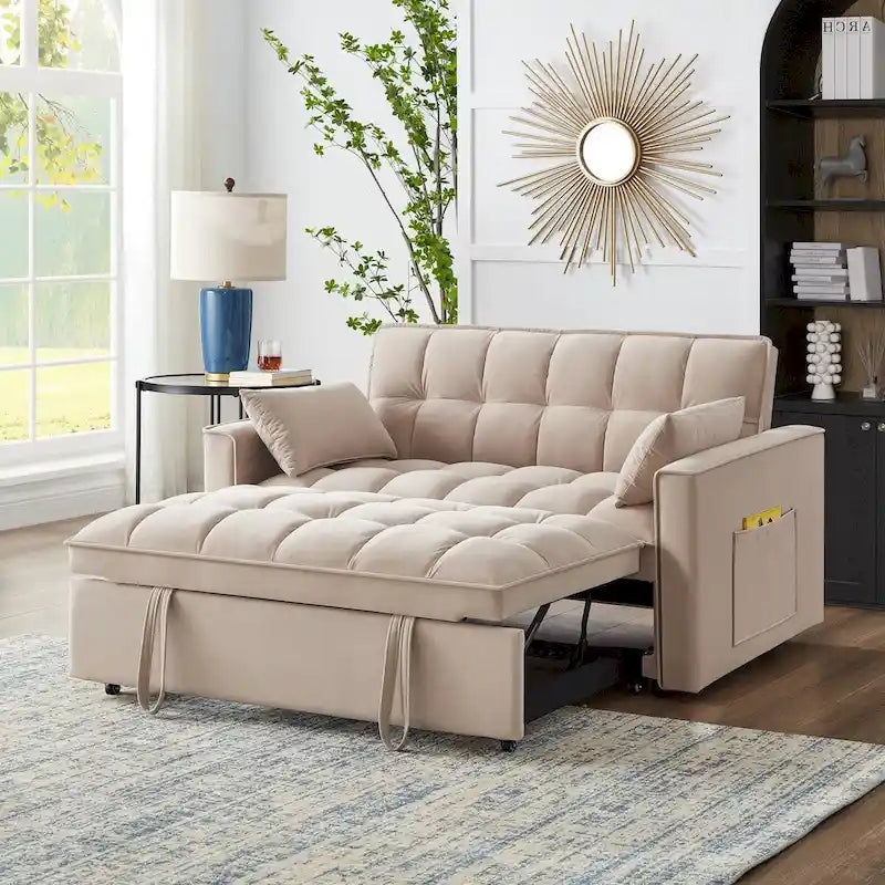 Divano Letto Estraibile 4-in-1 - Divanetto in Velluto - Divano Letto Convertibile con Schienale Reclinabile, 2 Tasche Laterali