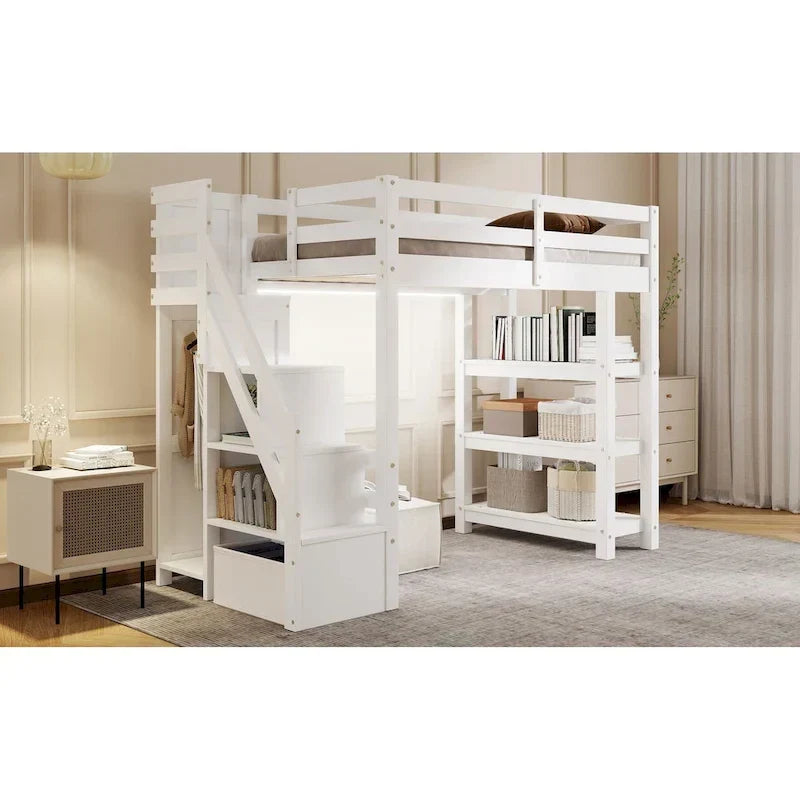 Letto a soppalco singolo/matrimoniale con scala contenitore - Ripiani, armadio e luce LED, design salvaspazio