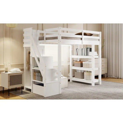 Letto a soppalco singolo/matrimoniale con scala contenitore - Ripiani, armadio e luce LED, design salvaspazio