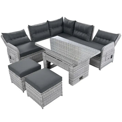 Set da esterni in rattan con tavolo regolabile, poltrone reclinabili e 2 pouf