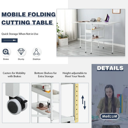 Tavolo Artigianale Regolabile in Altezza con Ripiani Portaoggetti, Tavolo da Taglio Pieghevole Mobile per Ufficio Domestico, Sala da Cucito, Stanza per Hobby