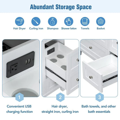 Mobile bagno da 36 pollici con ricarica USB, lavabo in resina, telaio in legno massello, 3 cassetti contenitori