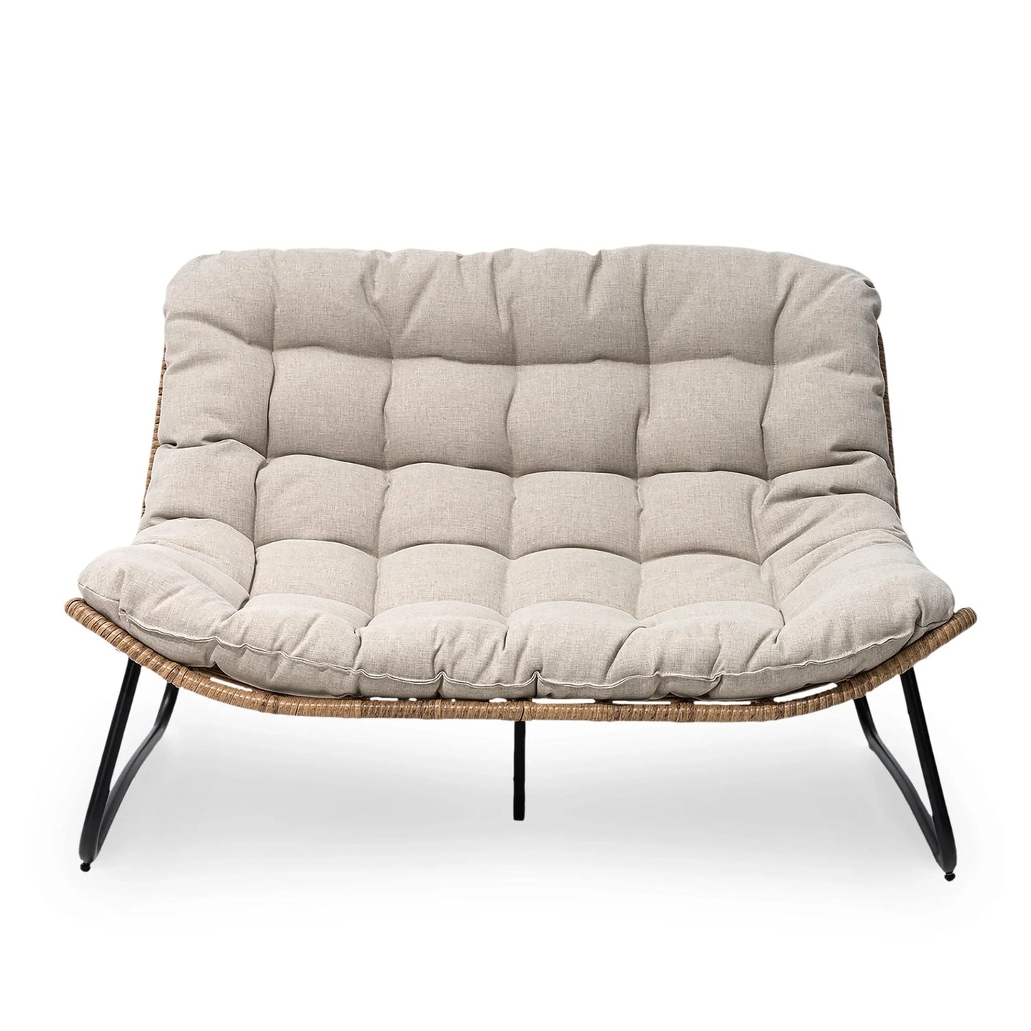 Divanetto due posti Double Papasan con cuscino, in rattan PE per tutte le stagioni e struttura in metallo per interni ed esterni