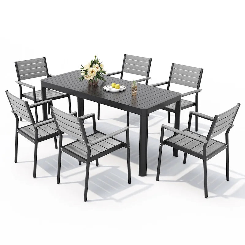 Set da Pranzo da Esterno a 5/7 Pezzi per Patio con Sedie Impilabili in Alluminio e Tavolo Allungabile
