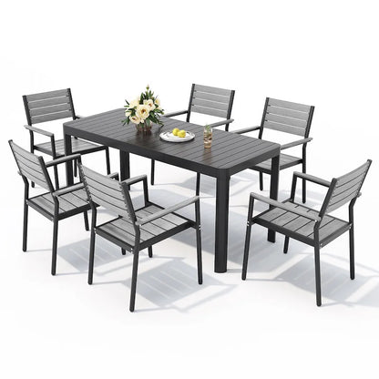Set da Pranzo da Esterno a 5/7 Pezzi per Patio con Sedie Impilabili in Alluminio e Tavolo Allungabile