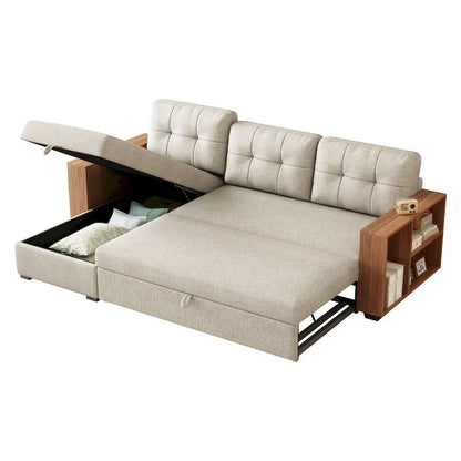 Divano Sezionale Convertibile con Letto Estraibile e Chaise Longue Contenitore Nascosto