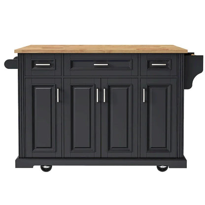 54 - Grande isola cucina con anta a ribalta in legno di gomma, carrello da cucina scorrevole con texture in rilievo su 4 ruote con 4 ante e 3 cassetti