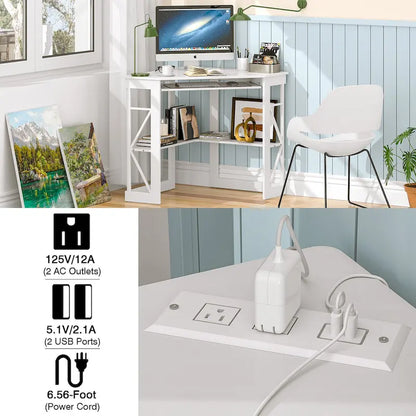 Scrivania ad angolo Scrivania piccola con prese Tavolo ad angolo per piccoli spazi, Scrivania per computer con porte USB Scrivania triangolare con contenitore